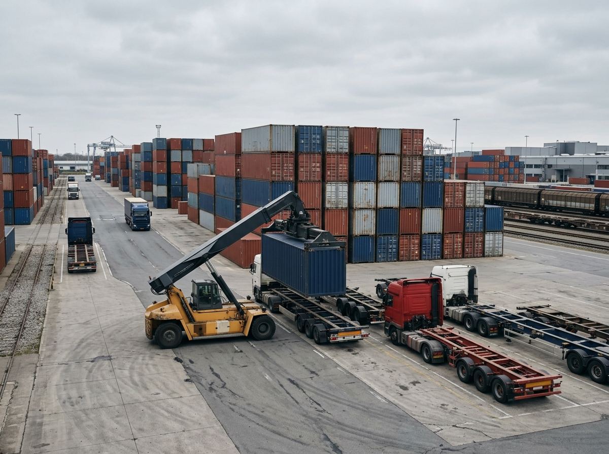 Container freight yard with stacked containers, a reach stacker and haulage trailers