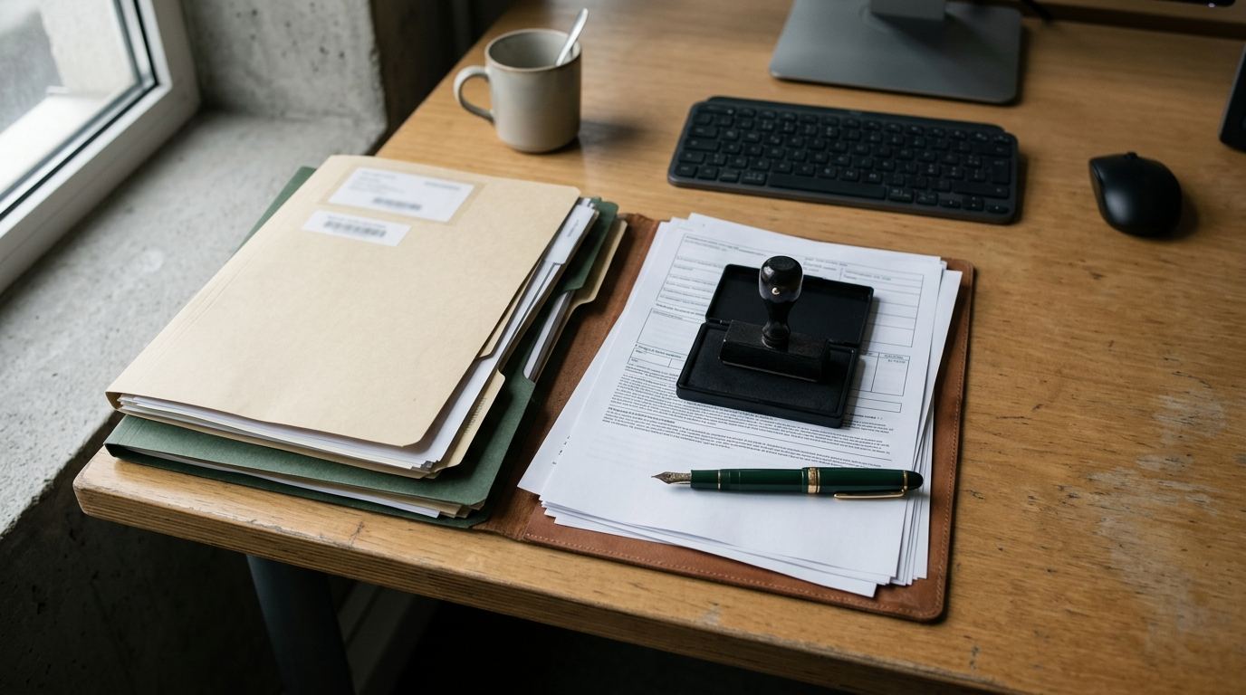 Document folders, printed customs paperwork, a stamp and a pen on an office desk