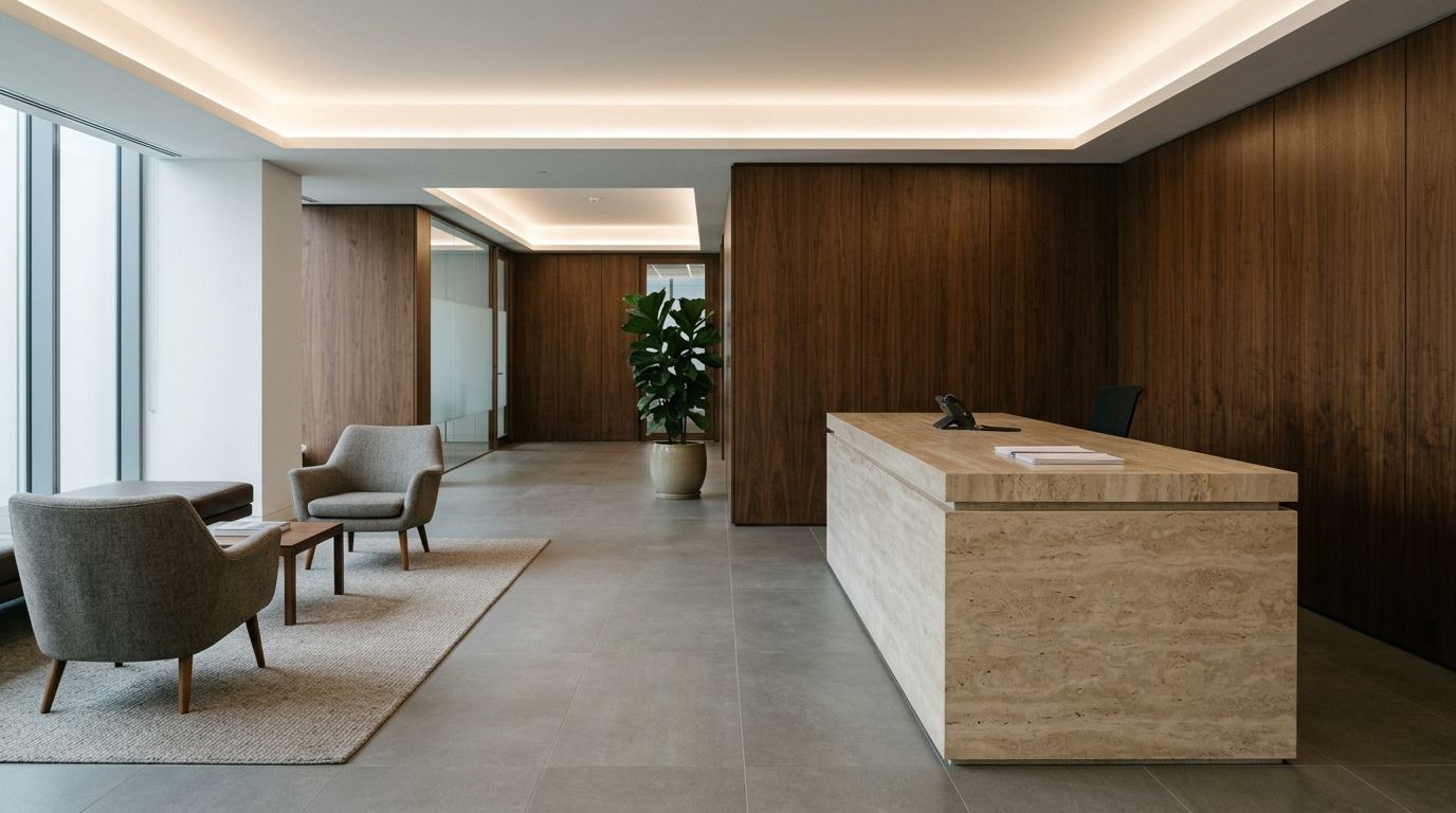 Corporate reception area with a stone counter and timber panelling