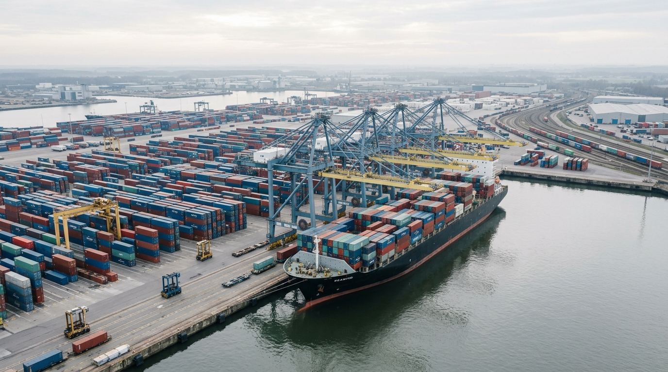 Container terminal with gantry cranes and a berthed container vessel