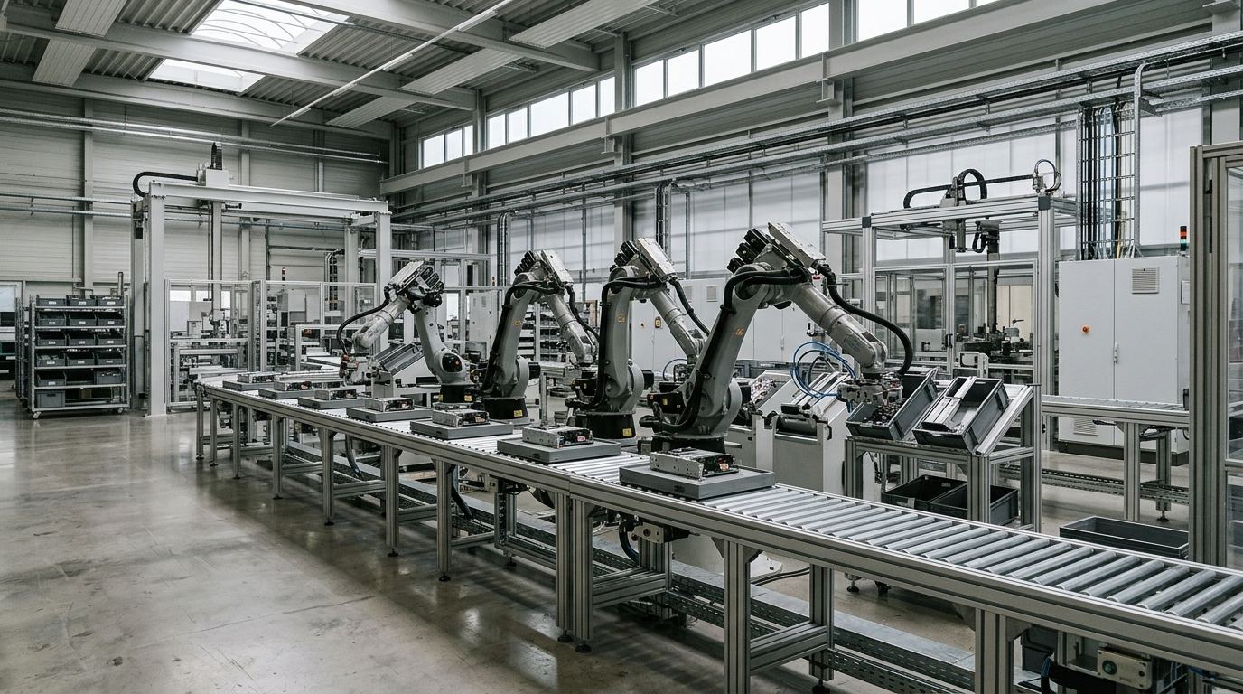 Robotic assembly line inside a modern manufacturing hall