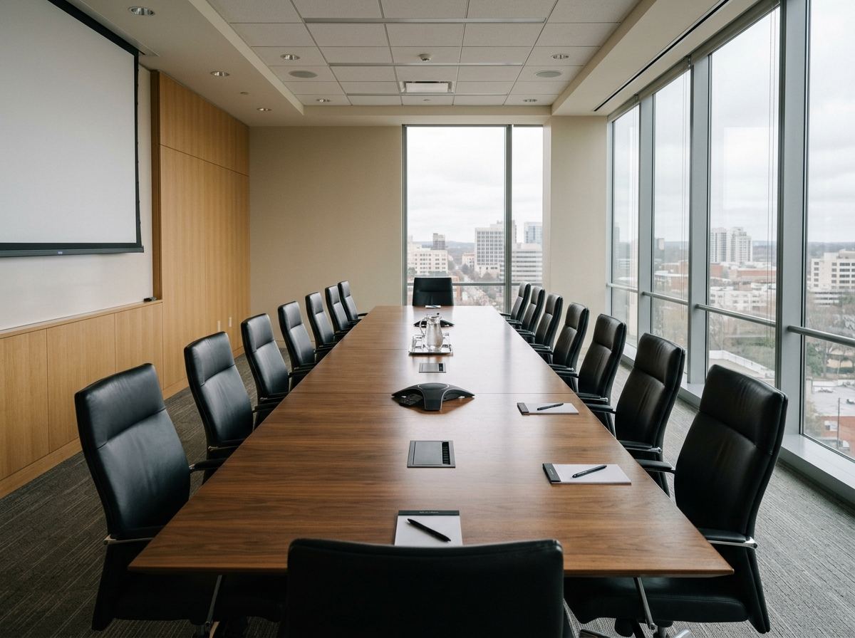 Empty corporate boardroom with a long table and full-height windows