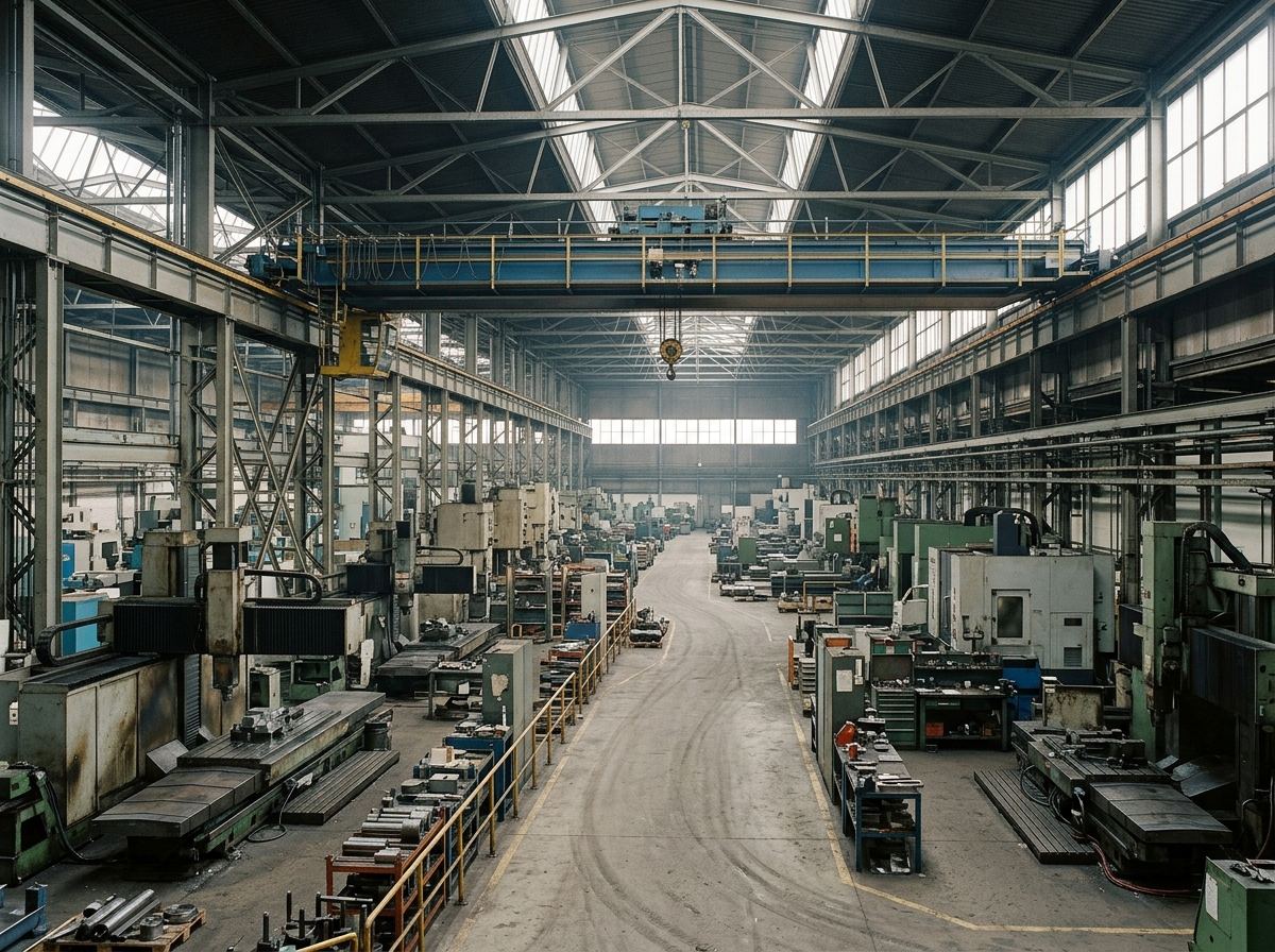 Interior of a large manufacturing facility with overhead travelling crane and machining bays