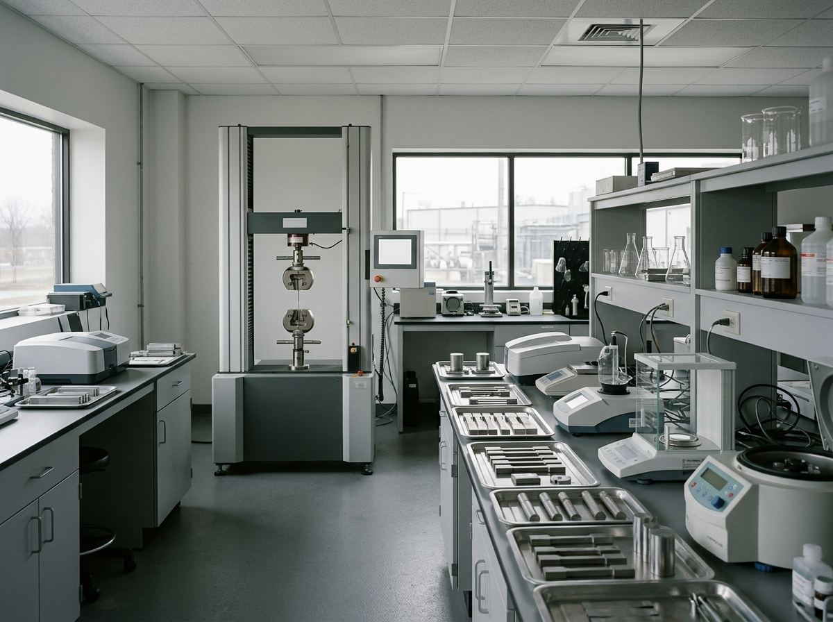 Industrial materials testing laboratory with analytical instruments and a universal testing machine
