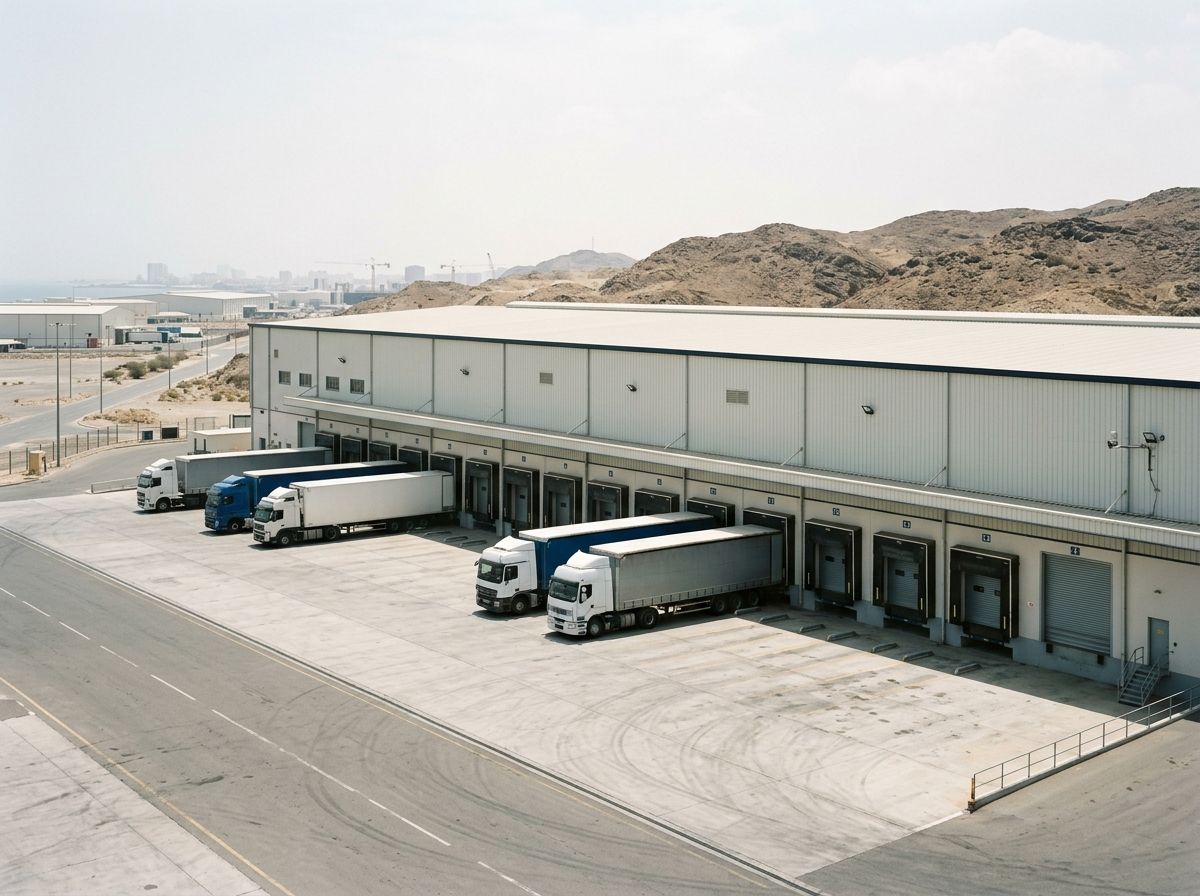 Warehouse and distribution facility with loading docks near a coastal Arabian city