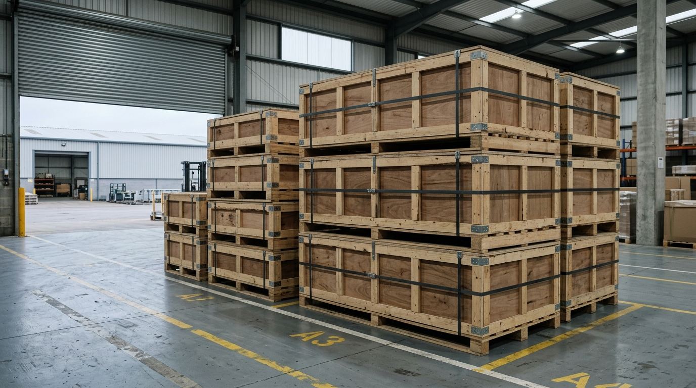 Sealed timber export crates banded with steel strapping in a bonded warehouse