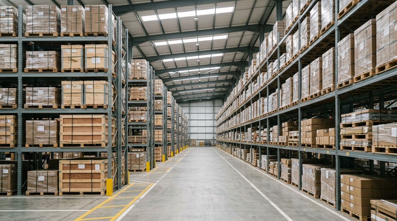 Racked and palletised goods in the aisles of a bonded warehouse